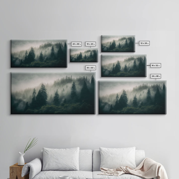 Morning fog over a mountain forest, framed canvas print, foggy pine tree landscape, framed wall art, misty mountain landscape art