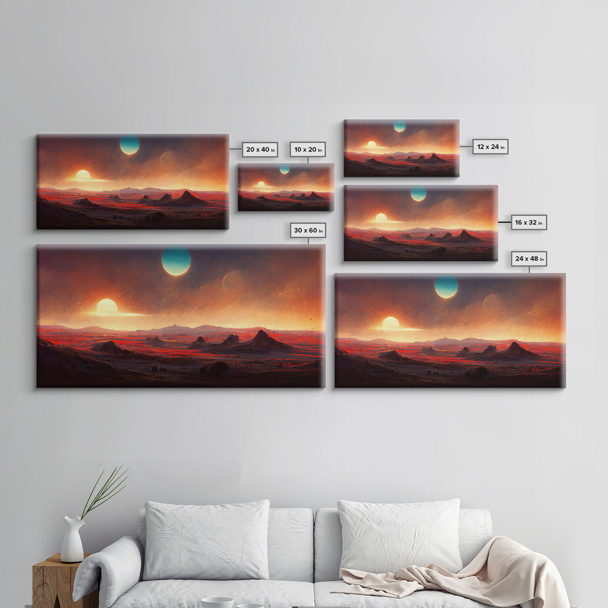 Scifi canvas print, Alien world with 3 moons, spooky print, creepy art, science fiction art