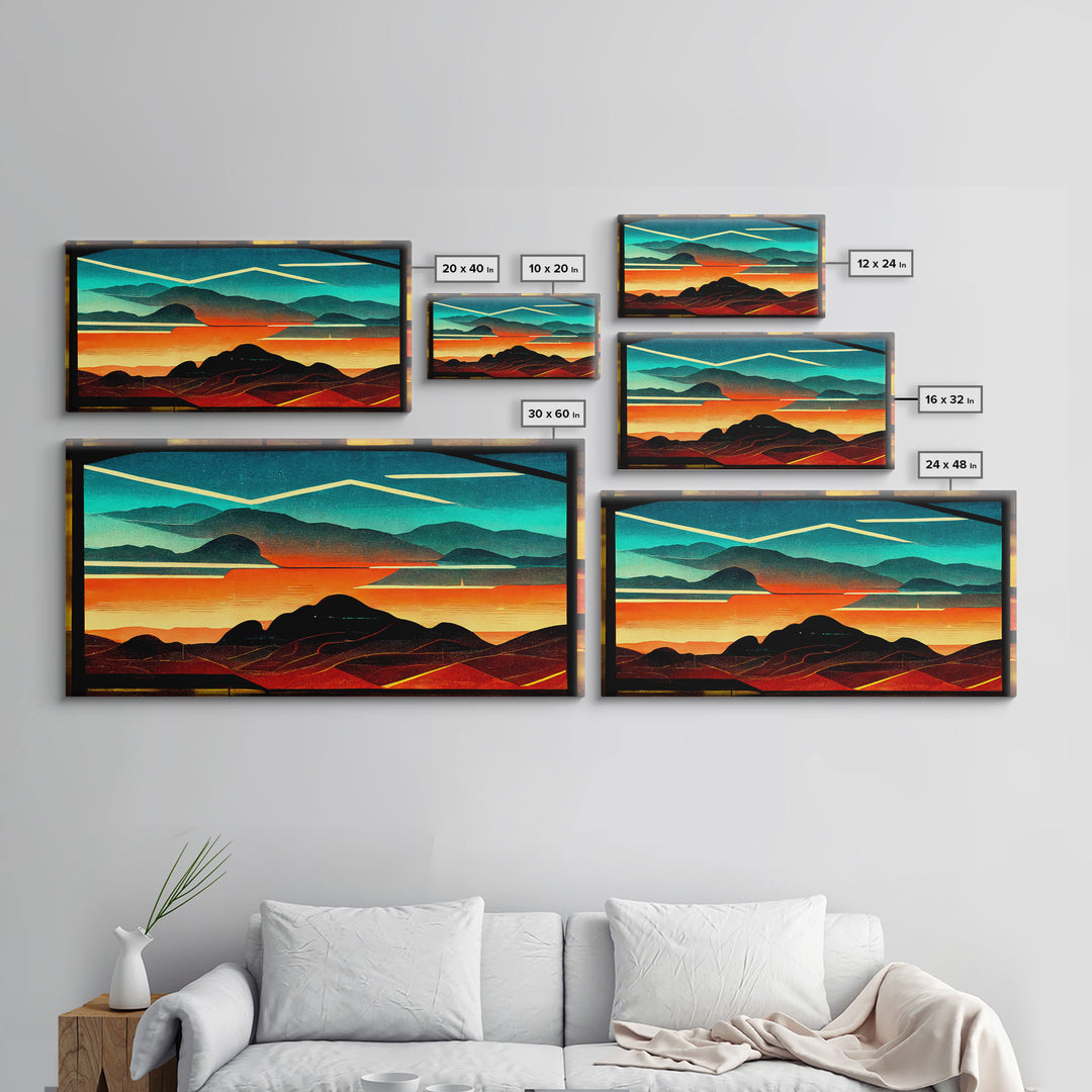 Pueblo style art deco sunset canvas print, outrun, colorful art, desert art, living room wall art, man cave art, stained glass look