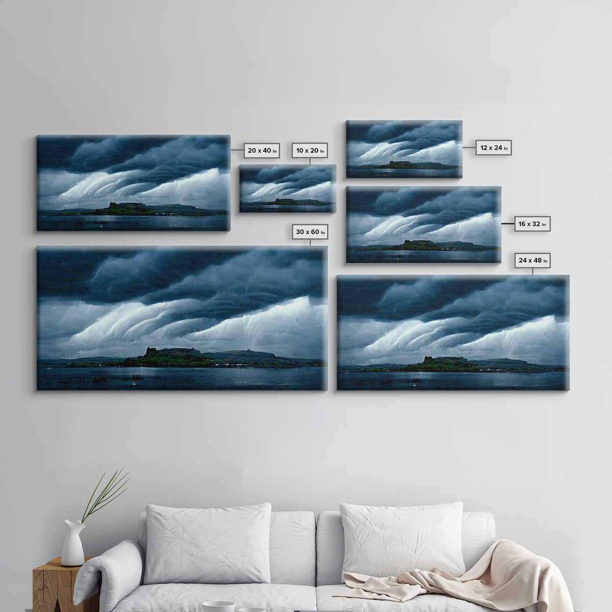 Rainstorm wall art, canvas print, ready to hang, fast moving storm over an island castle, cool wall art