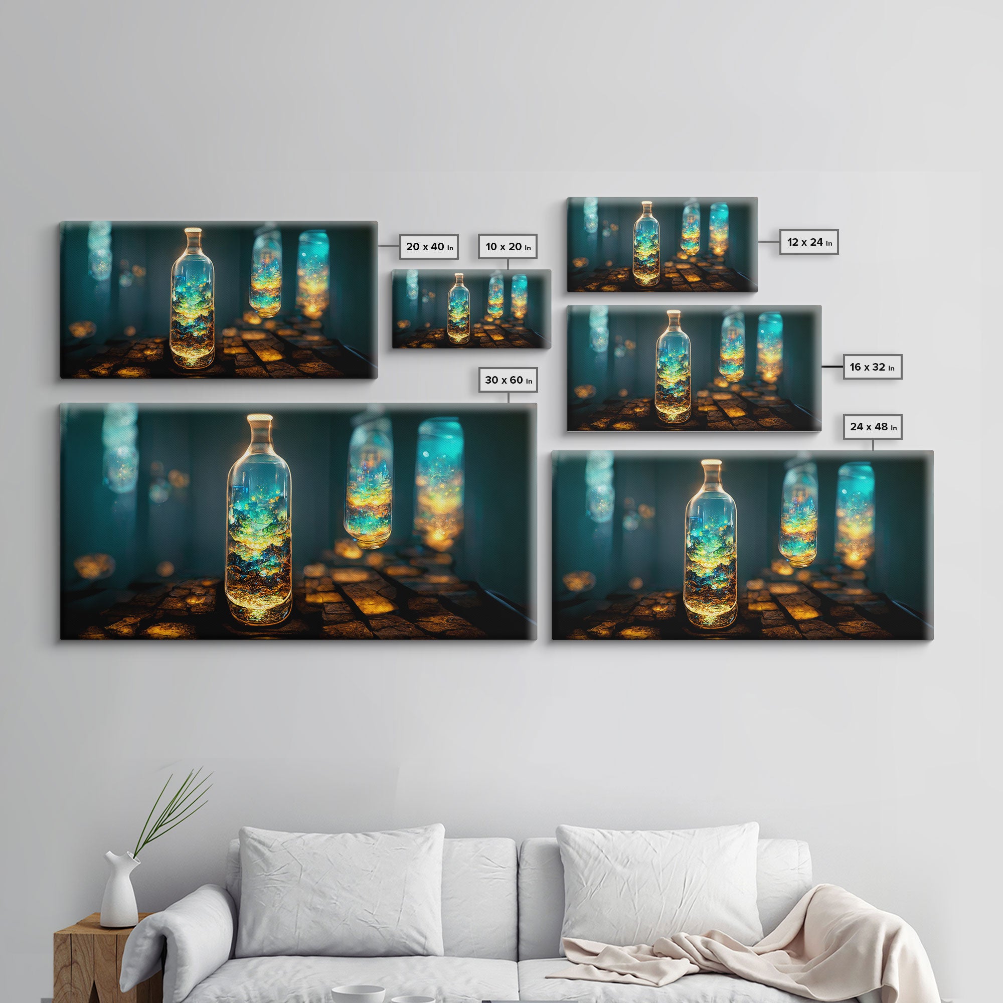 Miniature world in a bottle canvas print, high fantasy wall art, magical wall art, ready to hang wall art