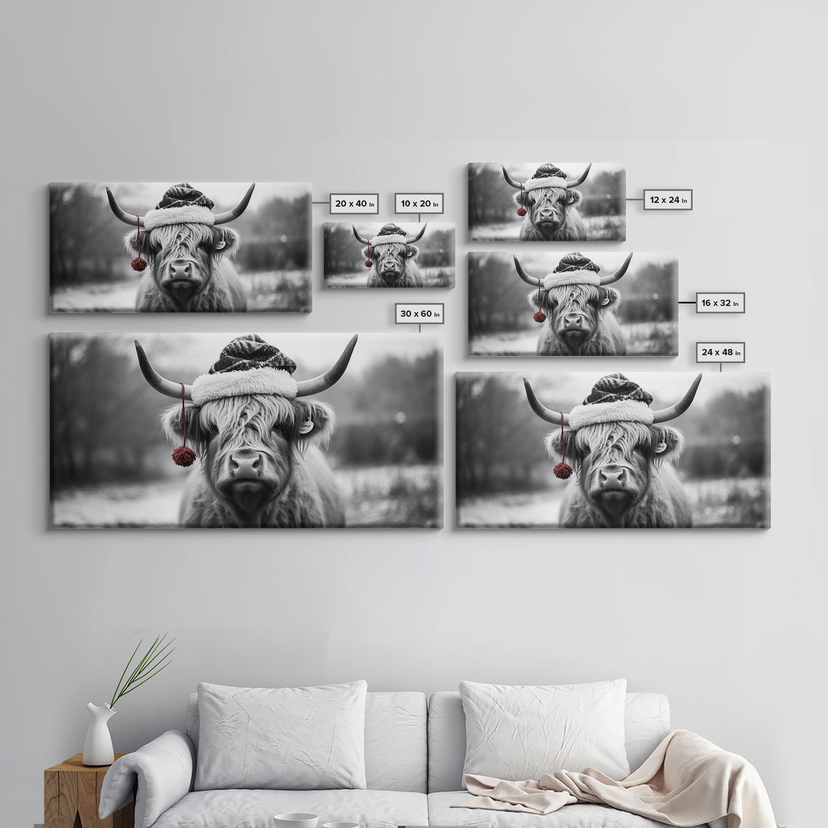 Highland Cow Wearing Santa Hat, Festive and Fun Framed Canvas Print for Holiday Wall Art, Living Room or Bedroom Decor