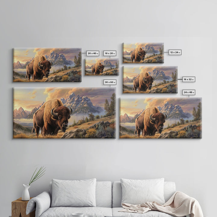Powerful Bison in Mountain Valley, Framed Canvas Print, Ideal for Living Room Art, Nature Inspired Wall Art, Bedroom Decoration