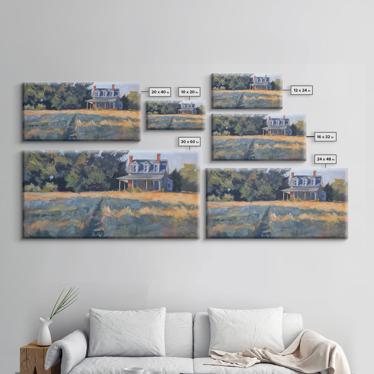 Serene Farmhouse at Dusk, Framed Canvas Print, Great for Living Room Art, Country Home Decor, Relaxing Bedroom Wall Art