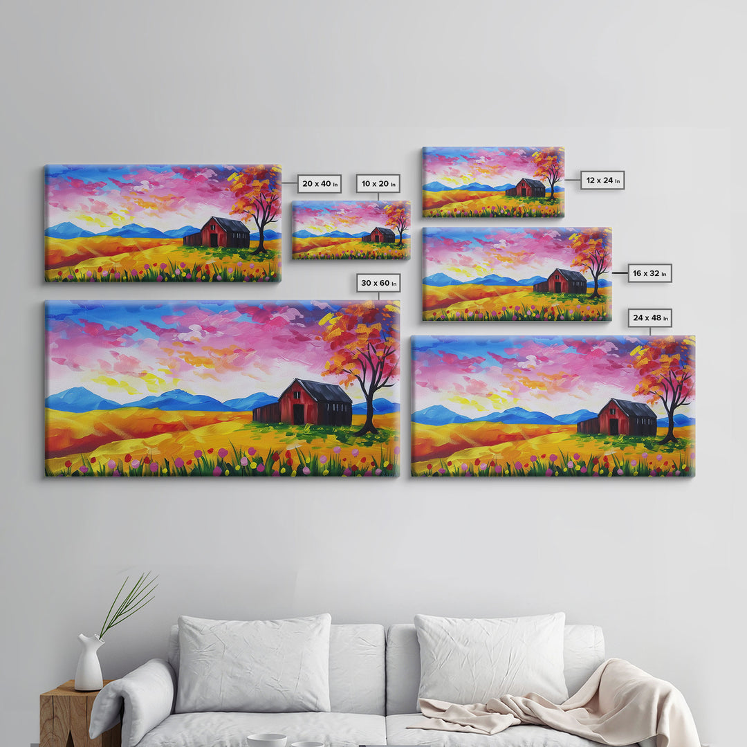 Bright Barn in Floral Field, Framed Canvas Print, Perfect for Living Room Art, Vibrant Home Decor, Colorful Bedroom Wall Art