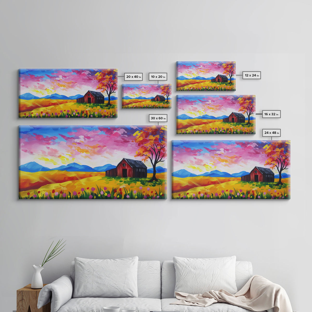 Bright Barn in Floral Field, Framed Canvas Print, Perfect for Living Room Art, Vibrant Home Decor, Colorful Bedroom Wall Art