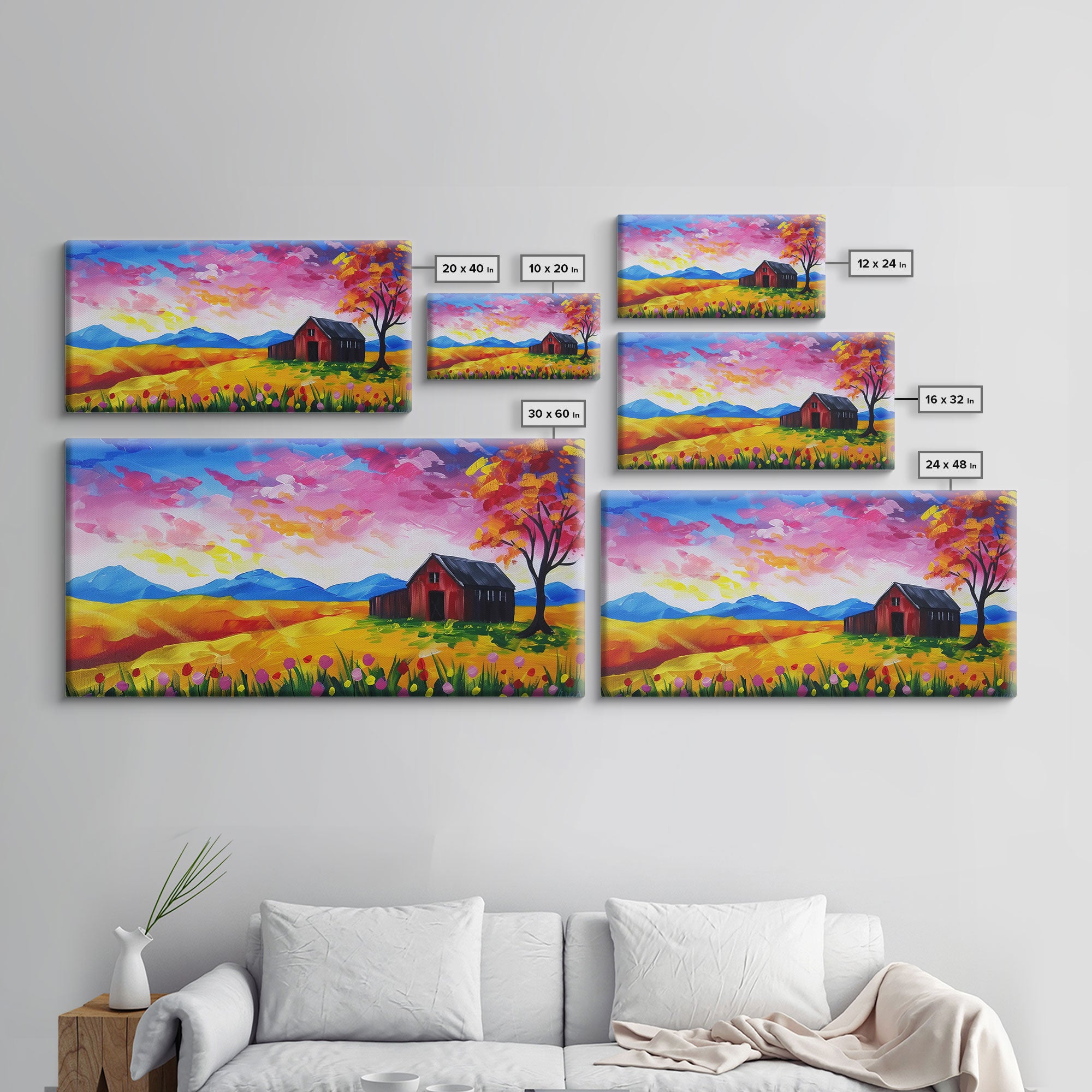 Bright Barn in Floral Field, Framed Canvas Print, Perfect for Living Room Art, Vibrant Home Decor, Colorful Bedroom Wall Art