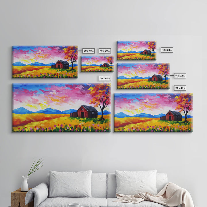 Bright Barn in Floral Field, Framed Canvas Print, Perfect for Living Room Art, Vibrant Home Decor, Colorful Bedroom Wall Art