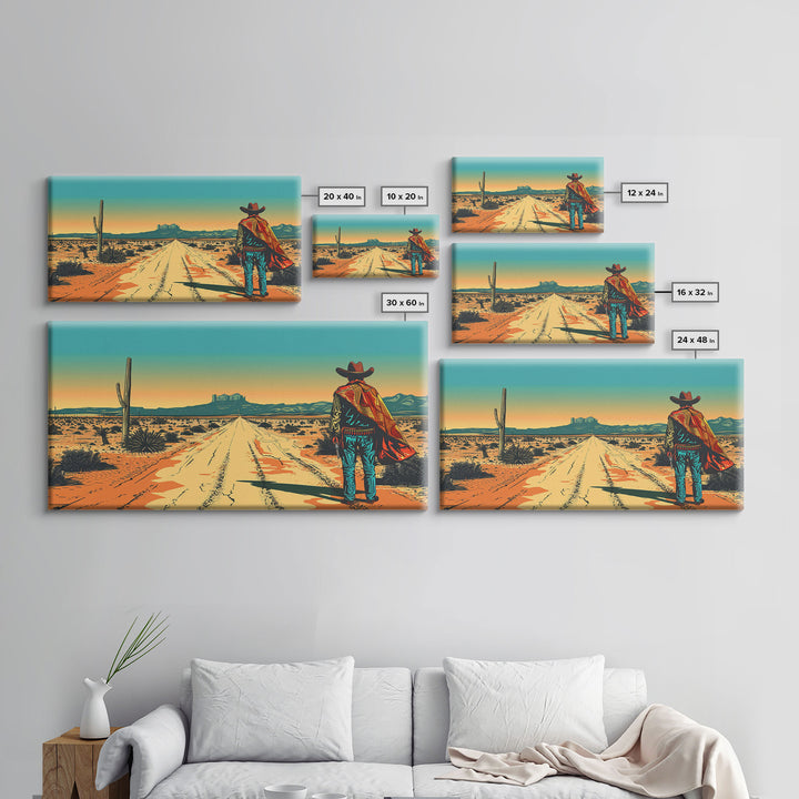 Western Cowboy in Desert Landscape, Rustic Wall Art, Framed Canvas Print, Boho Bedroom Decor, Vintage Home Decoration
