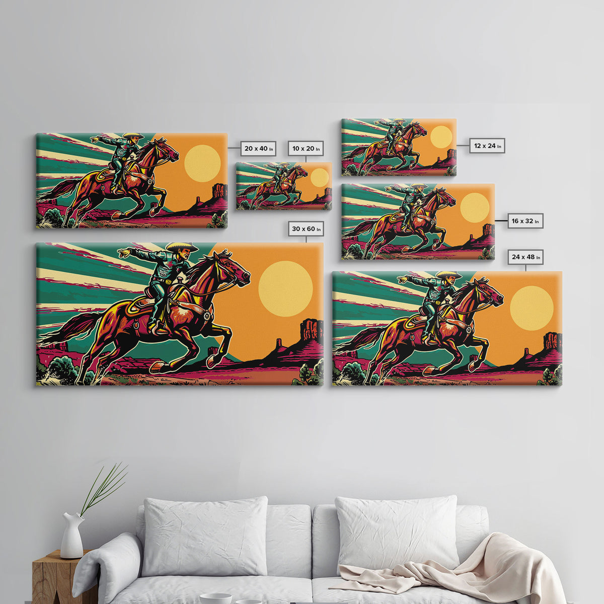 Vintage Cowboy Riding Horse, Western Sunset Wall Art, Framed Canvas Print, Rustic Decor, Cowboy Art, Country Living Room