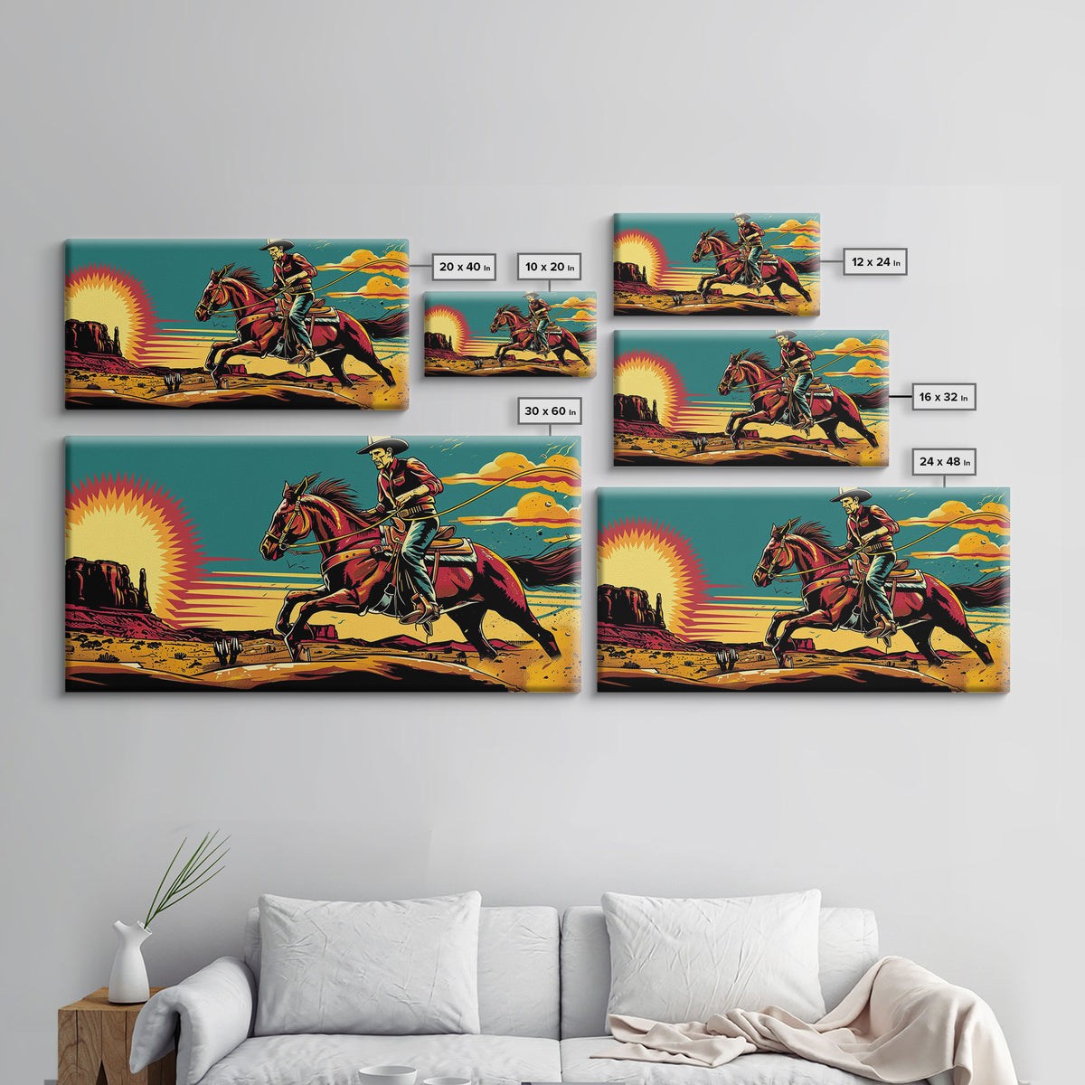 Cowboy Riding Through Desert, Southwestern Landscape Art, Framed Canvas Print, Boho Decor, Desert Art, Rustic Wall Art