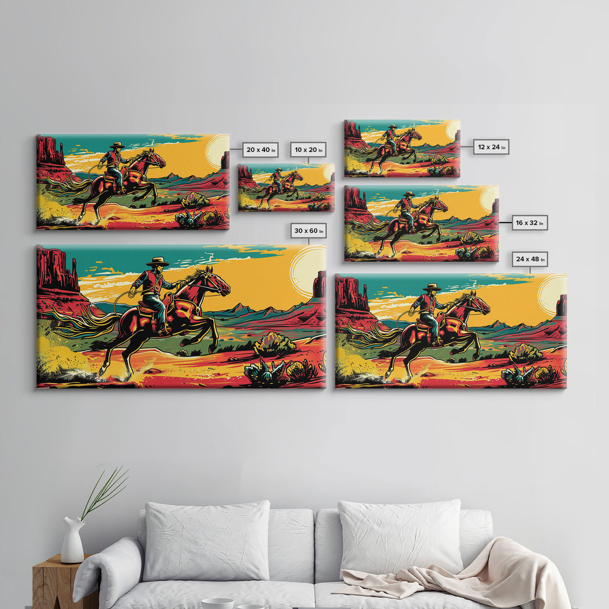 Cowboy Galloping in Desert, Vibrant Sunset Western Art, Framed Canvas Print, Farmhouse Decor, Colorful Wall Art, Cowboy Theme