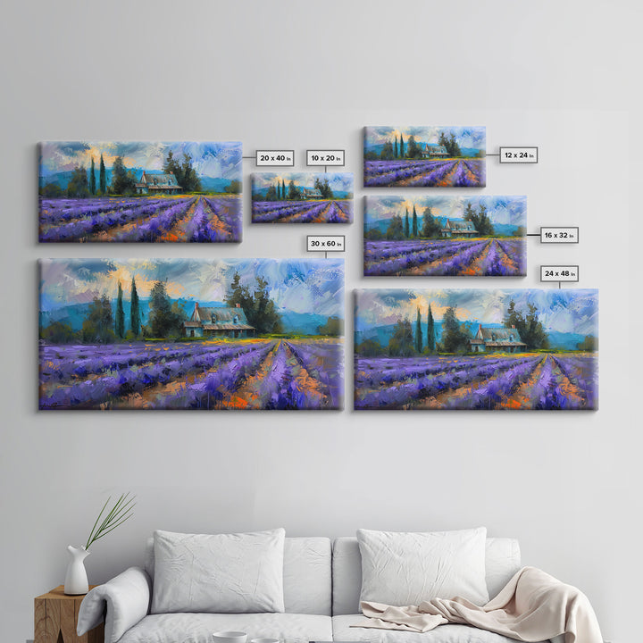 Lavender Field with Cottage, Impressionist Style, Framed Canvas Print, Farmhouse Decor, Cottagecore Art, Pastel Wall Art