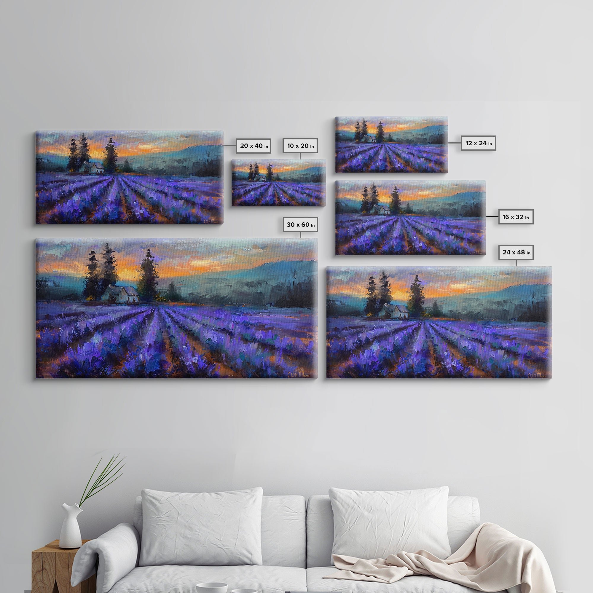 Lavender Field with Cottage, Warm Sunset Colors, Framed Canvas Print, Rustic Decor, Country Wall Art, Farmhouse Vibes