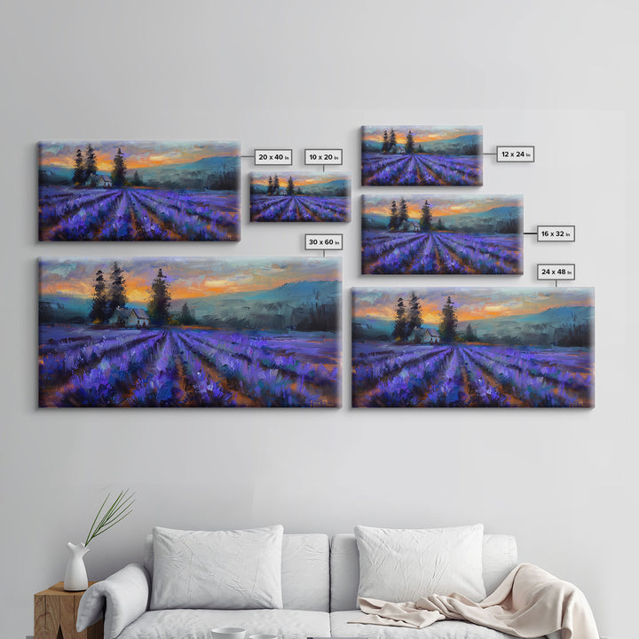 Lavender Field with Cottage, Warm Sunset Colors, Framed Canvas Print, Rustic Decor, Country Wall Art, Farmhouse Vibes