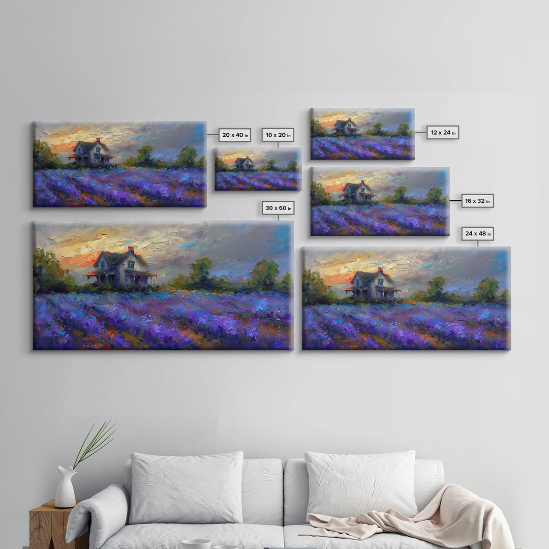 Country Cottage in Lavender Field, Impressionist Style, Framed Canvas Print, Farmhouse Decor, Cozy Art, Rustic Living Room