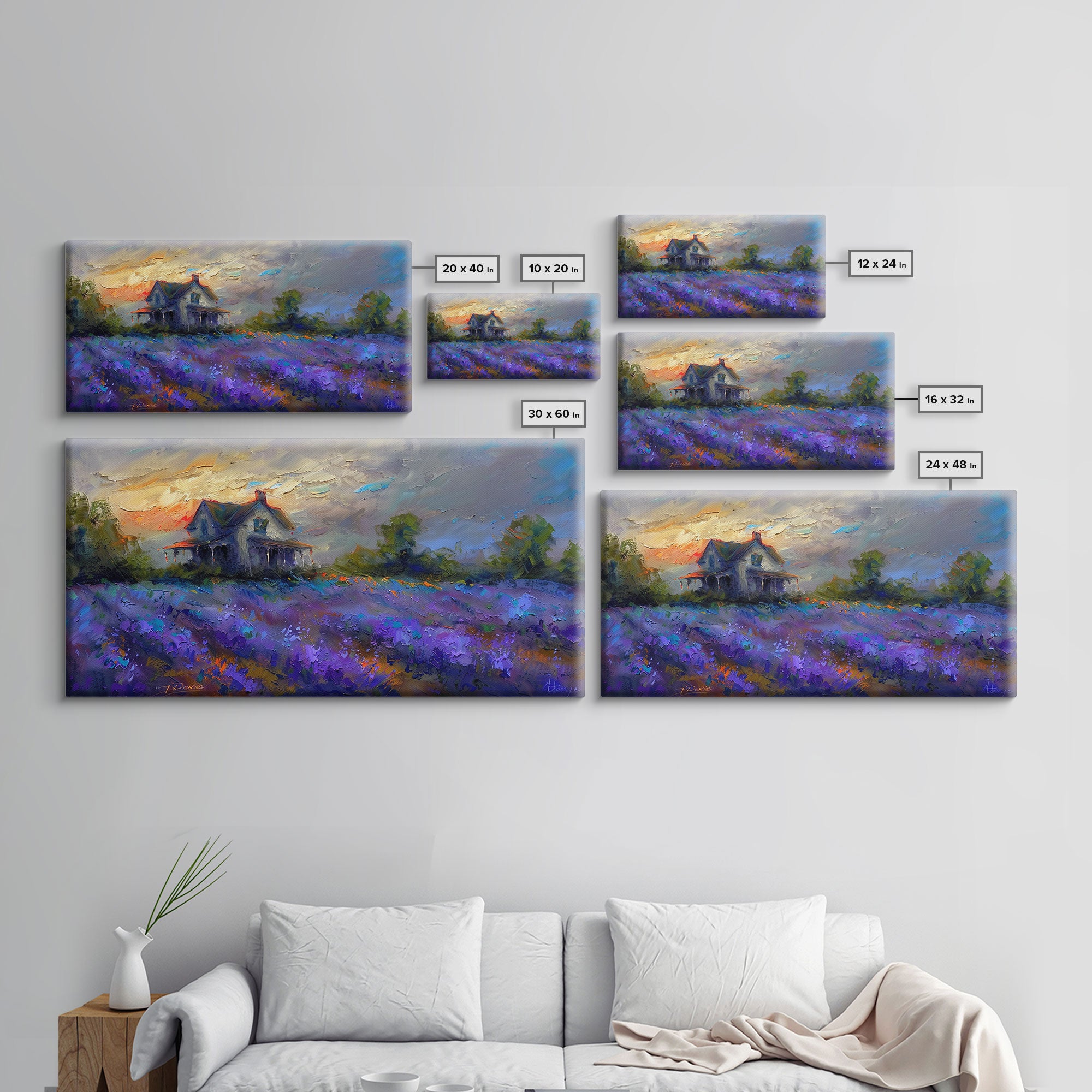 Country Cottage in Lavender Field, Impressionist Style, Framed Canvas Print, Farmhouse Decor, Cozy Art, Rustic Living Room