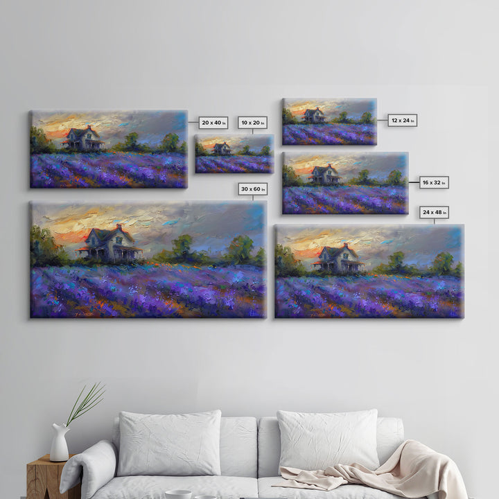 Country Cottage in Lavender Field, Impressionist Style, Framed Canvas Print, Farmhouse Decor, Cozy Art, Rustic Living Room