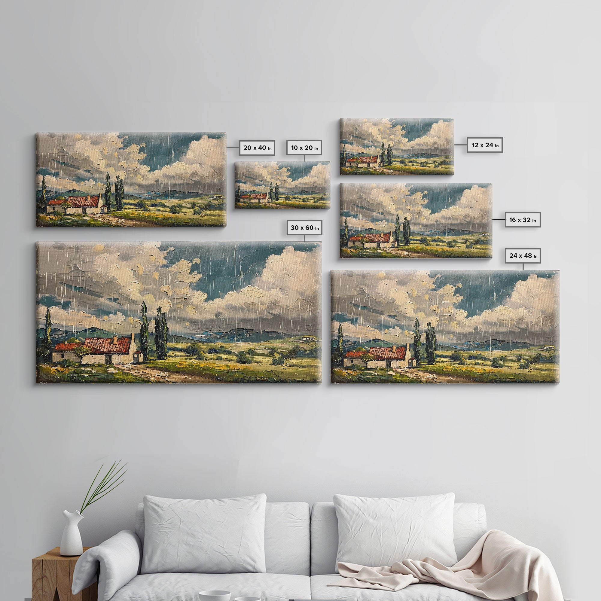 Rainy Day Over Cottage, Textured Landscape Art, Framed Canvas Print, Boho Decor, Farmhouse Style, Moody Wall Art