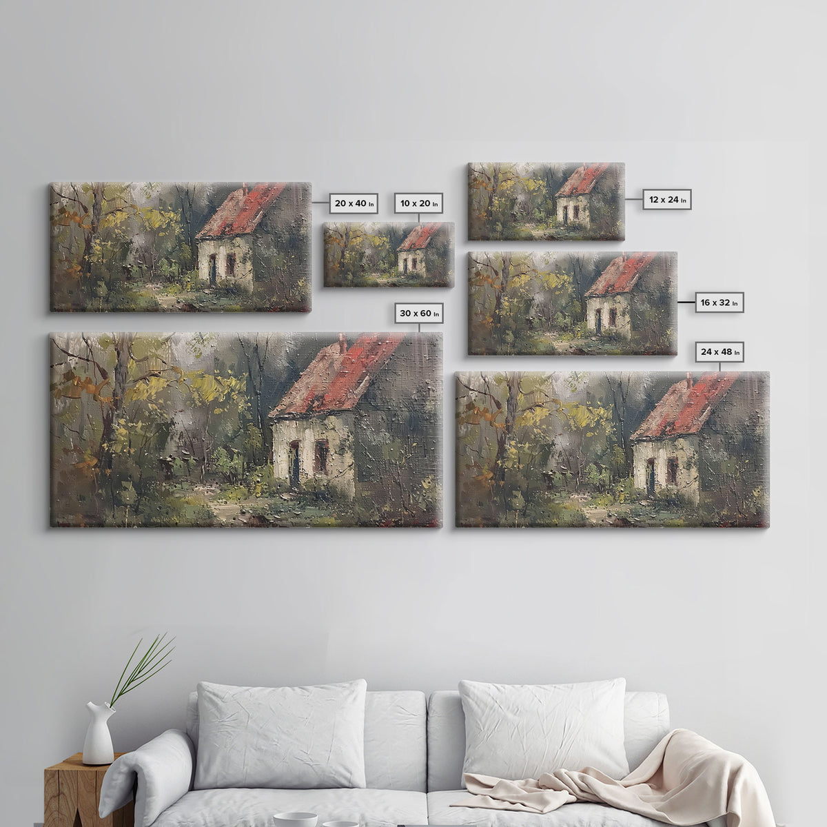 Rustic Cottage in Autumn Forest, Framed Canvas Print, Farmhouse Style, Living Room Art, Bedroom Decor, Nature Wall Art