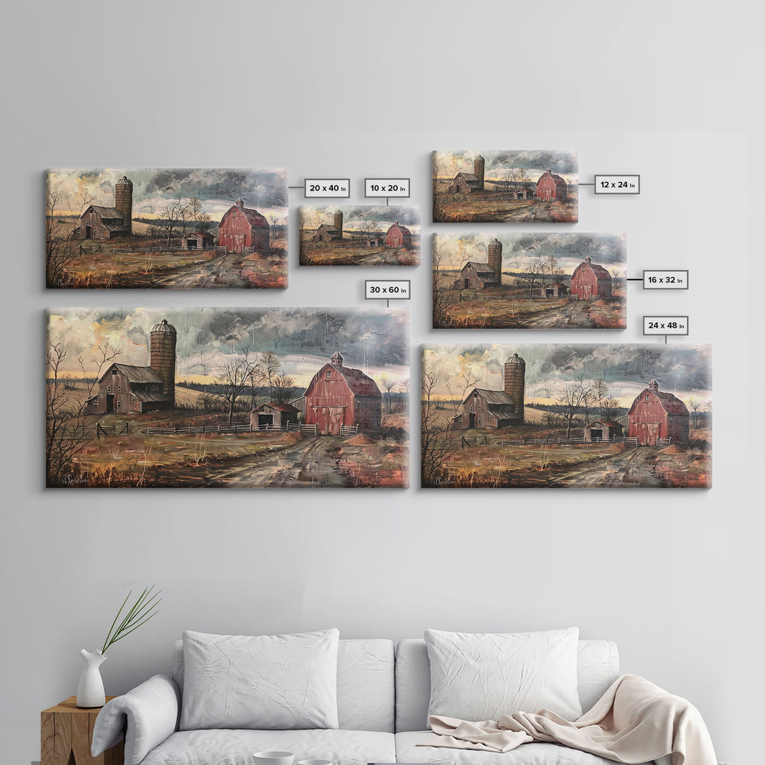 Vintage Farm Scene with Silos, Framed Canvas Print, Rustic Wall Art, Living Room Decor, Farmhouse Style, Country Home Art