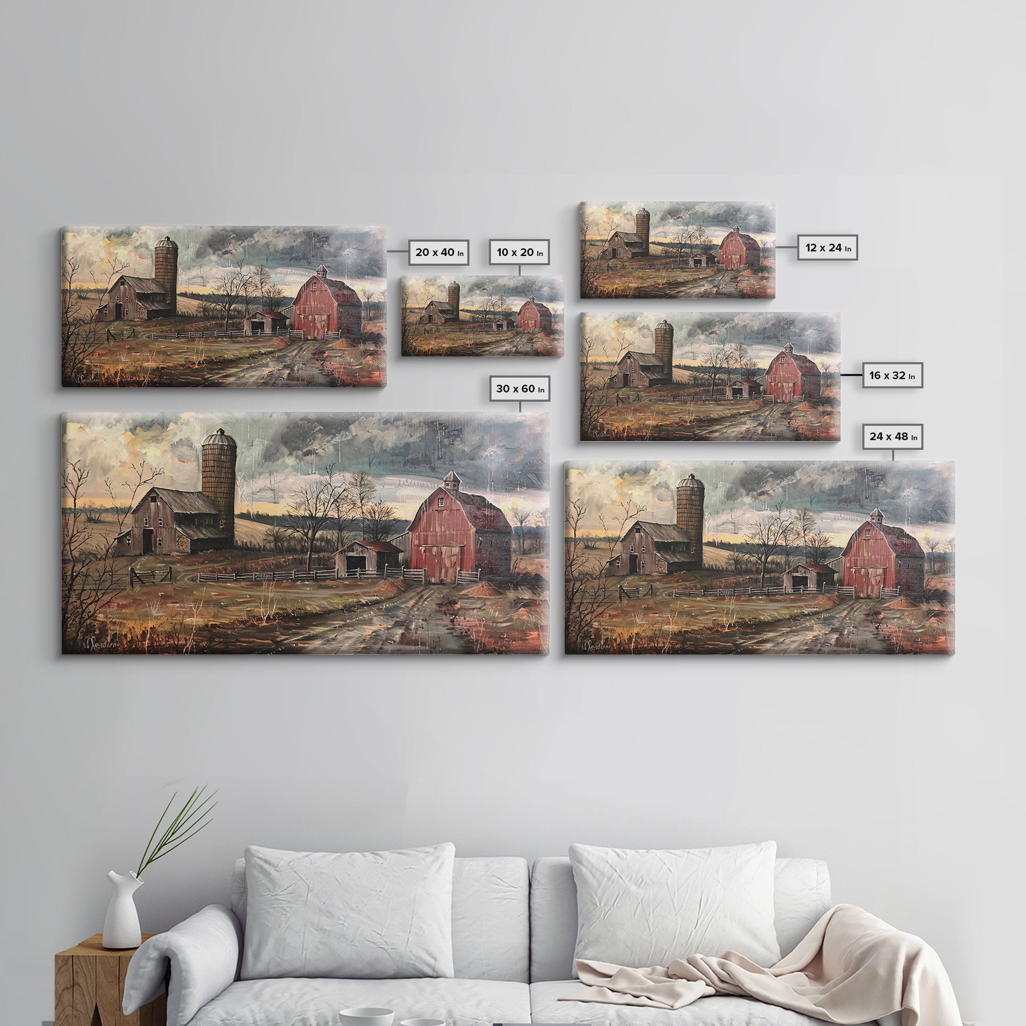 Vintage Farm Scene with Silos, Framed Canvas Print, Rustic Wall Art, Living Room Decor, Farmhouse Style, Country Home Art
