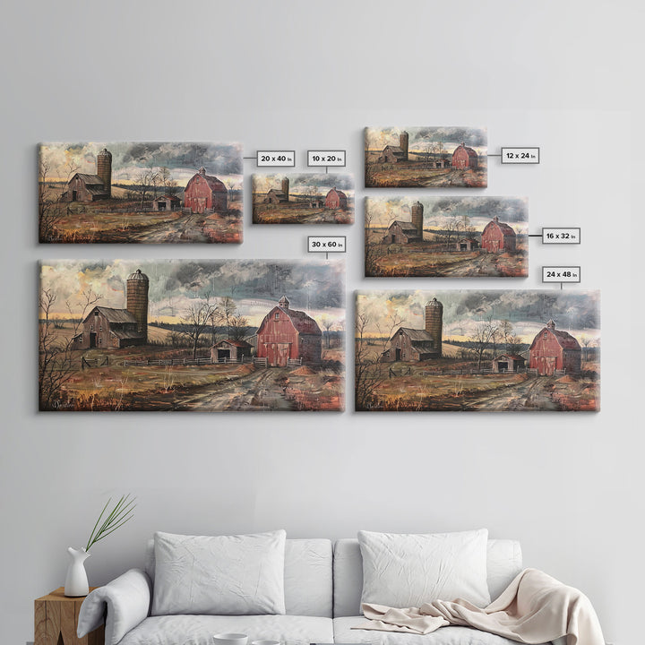 Vintage Farm Scene with Silos, Framed Canvas Print, Rustic Wall Art, Living Room Decor, Farmhouse Style, Country Home Art