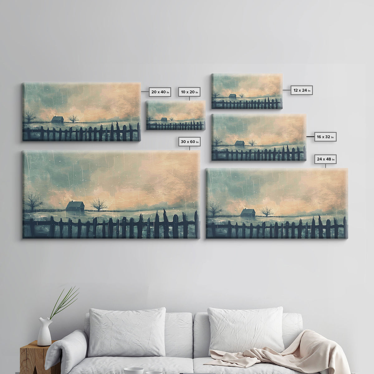 Winter Farmhouse in Snowy Landscape, Framed Canvas Print, Minimalist Wall Art, Living Room Art, Bedroom Decor, Winter Scene