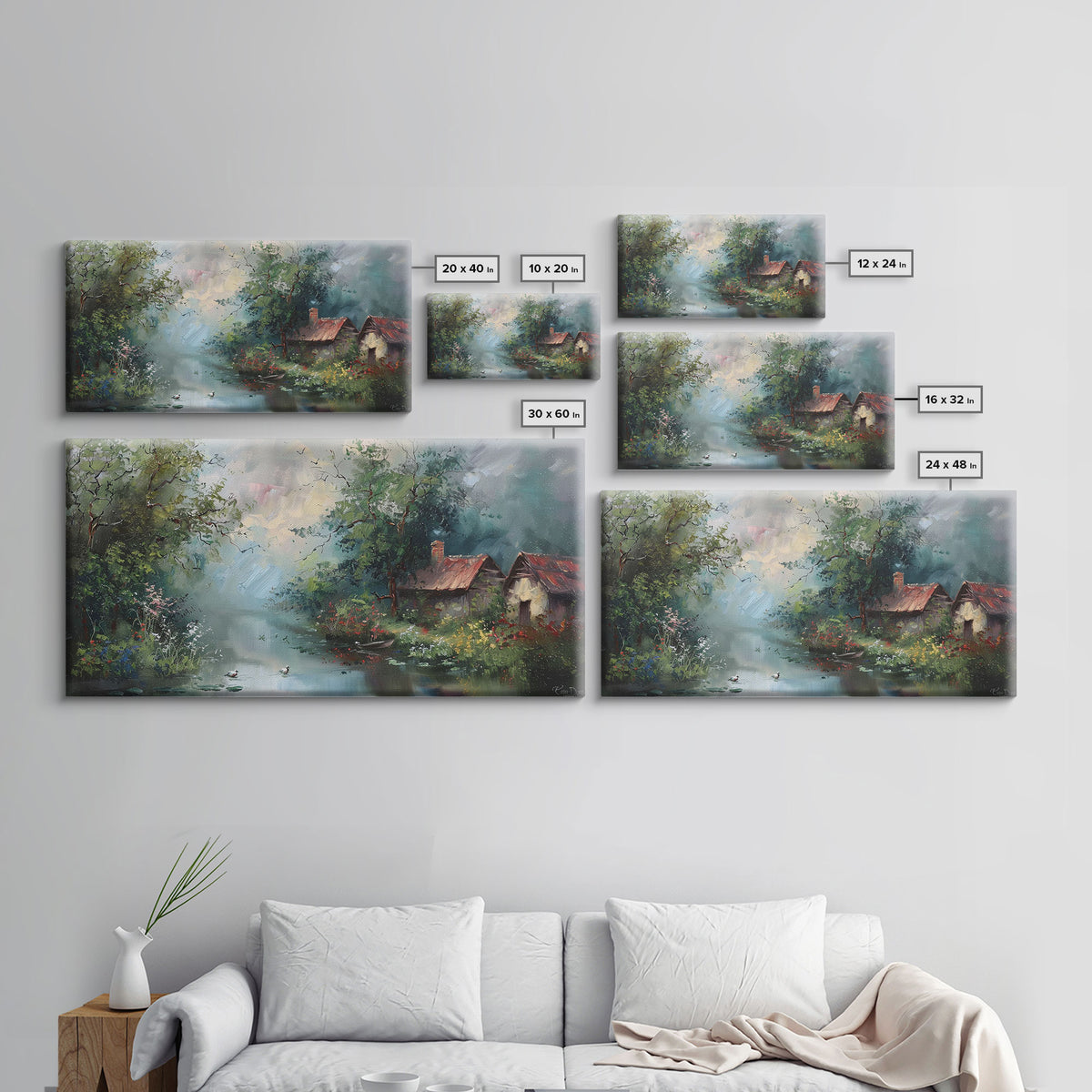 Serene River Cottage with Flowers, Framed Canvas Print, Farmhouse Style, Living Room Decor, Bedroom Art, Nature Scene