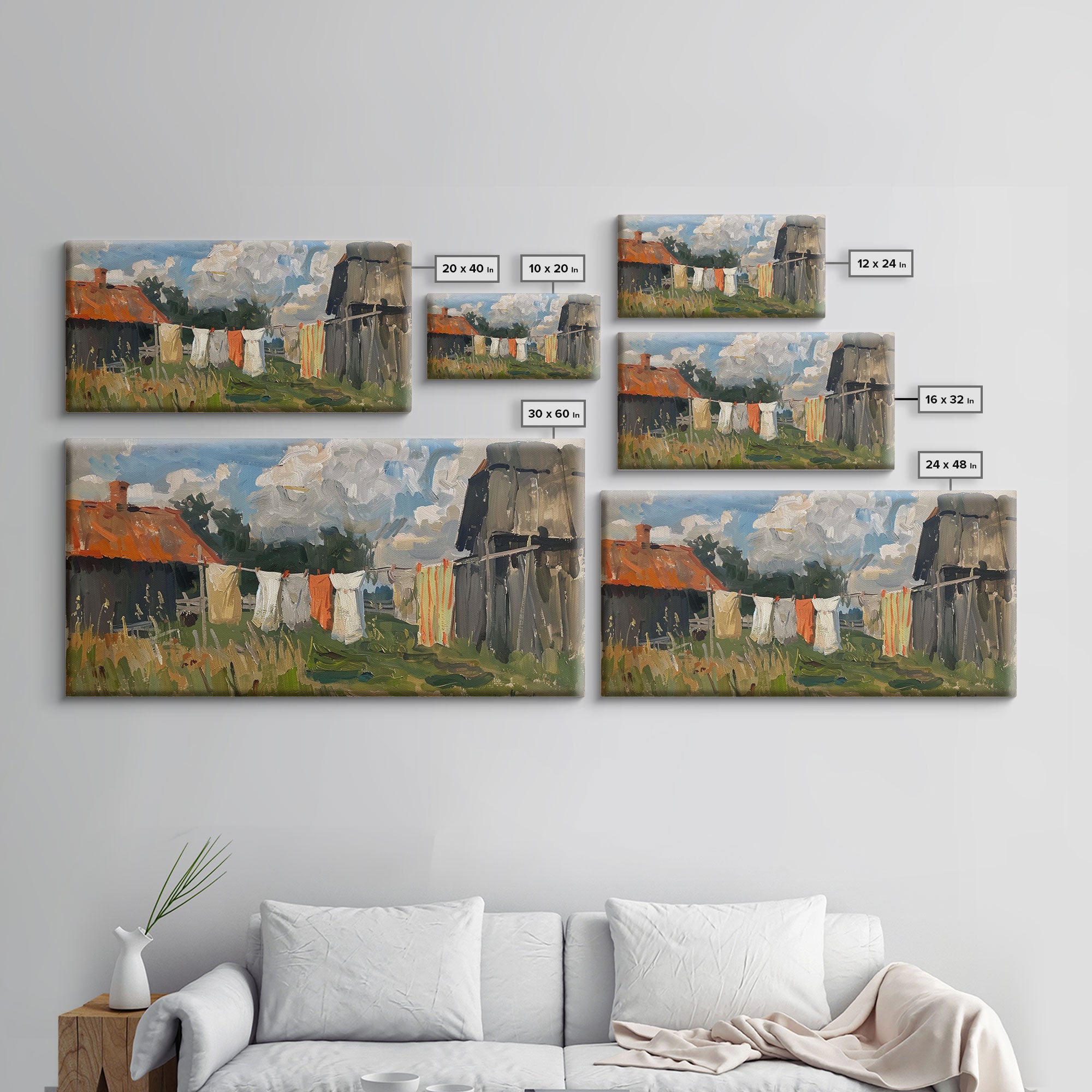 Clothesline with Rustic Farmhouse, Framed Canvas Print, Farmhouse Style, Living Room Art, Country Decor, Vintage Scene