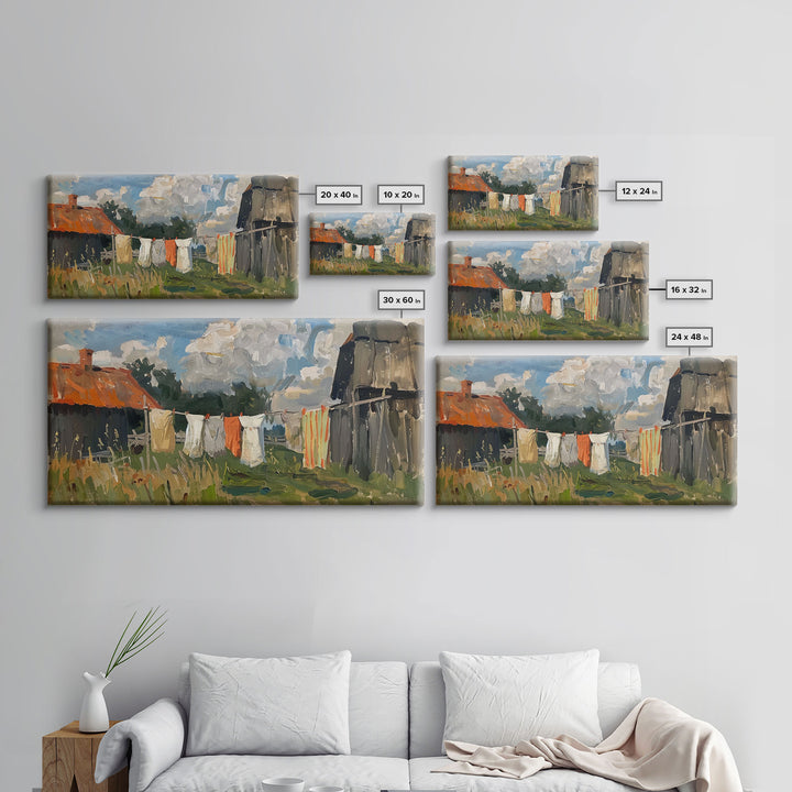 Clothesline with Rustic Farmhouse, Framed Canvas Print, Farmhouse Style, Living Room Art, Country Decor, Vintage Scene