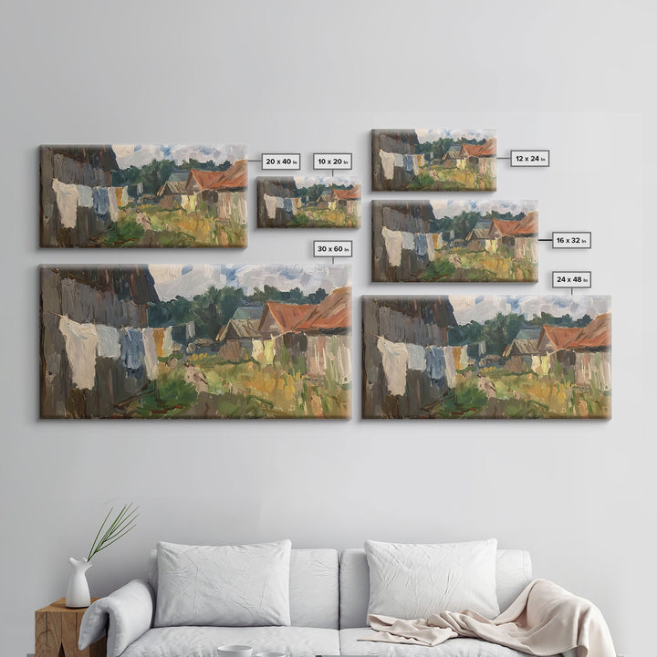 Rustic Farmyard with Laundry, Framed Canvas Print, Farmhouse Wall Art, Living Room Decor, Country Style, Outdoor Scene