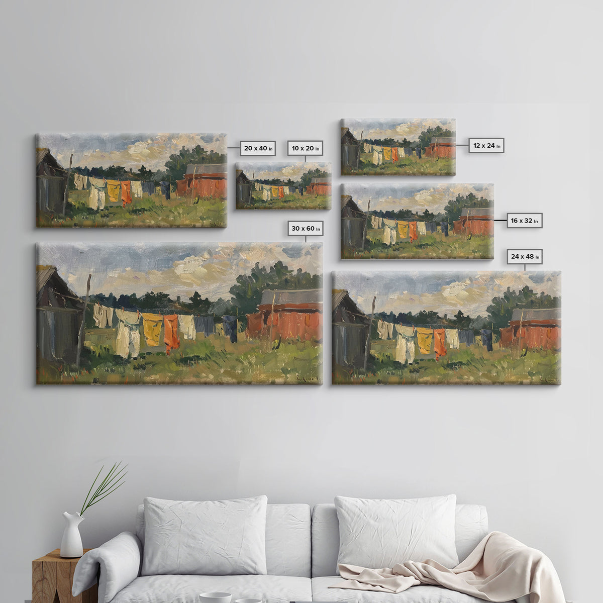 Sunny Day on the Farm with Clothesline, Framed Canvas Print, Rustic Wall Art, Living Room Decor, Farmhouse Style, Country Scene