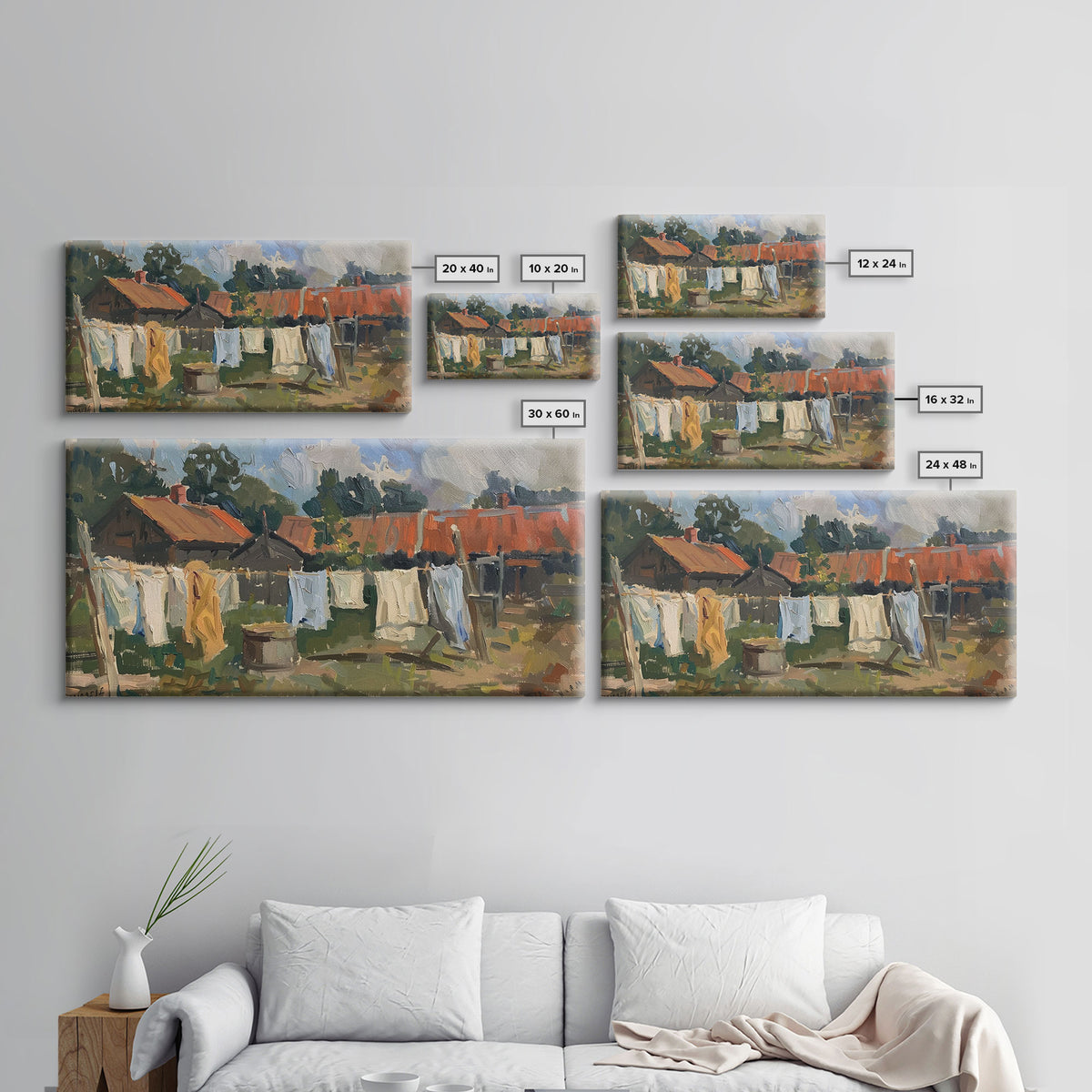 Rustic Homestead with Clothesline, Framed Canvas Print, Farmhouse Style, Living Room Art, Country Decor, Vintage Scene
