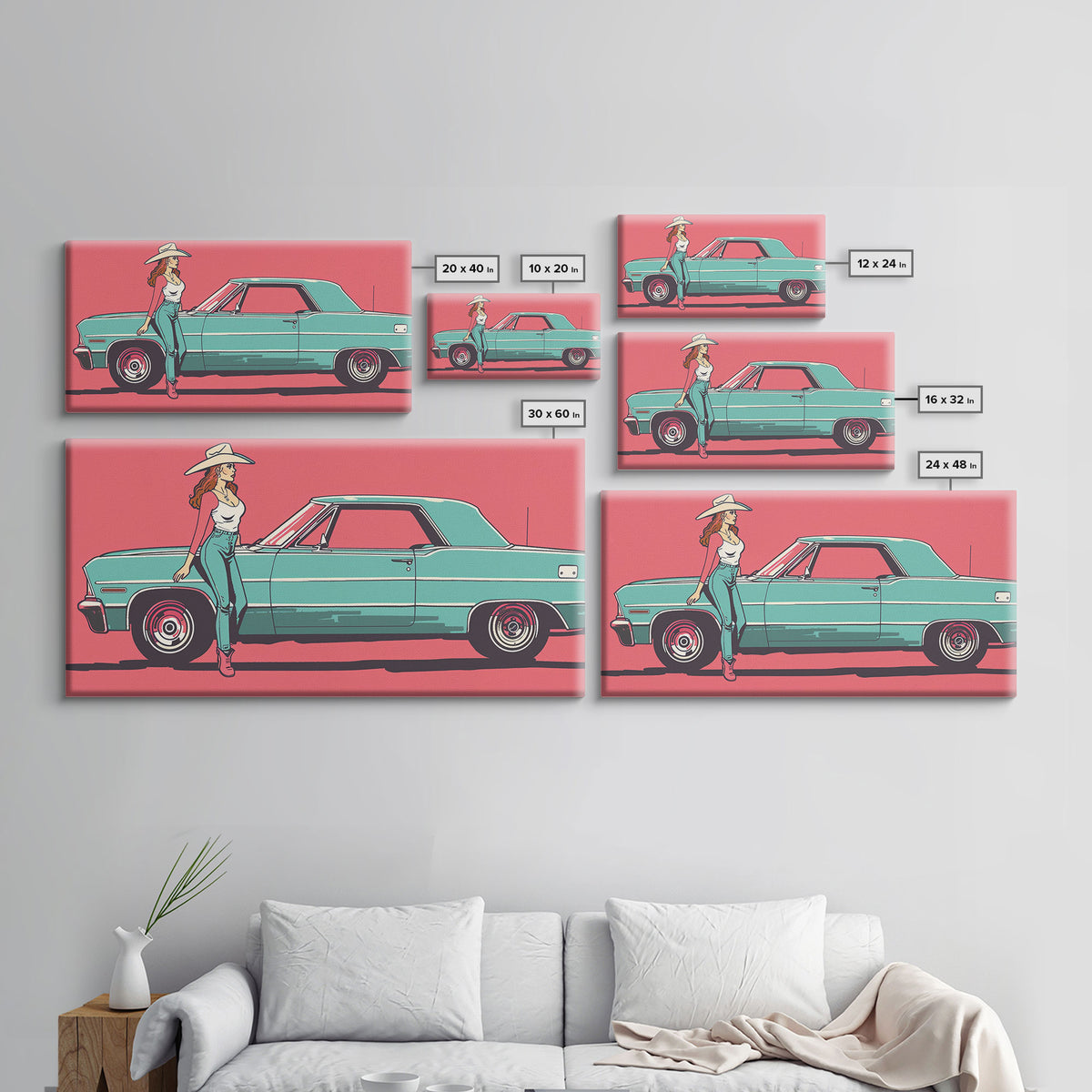 Cowgirl Leaning Against Classic Car in Pop Art Style, Vibrant Framed Canvas Print for Bedroom, Perfect Living Room Wall Art