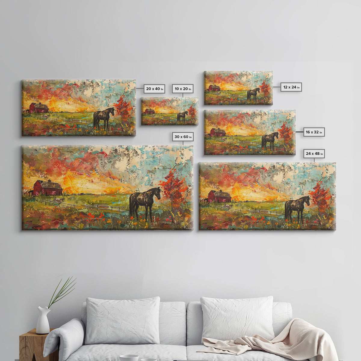 Horse and Red Barn in Colorful Field, Beautiful Farmhouse Art, Framed Canvas Print, Rustic Living Room Decor, Vibrant Wall Art