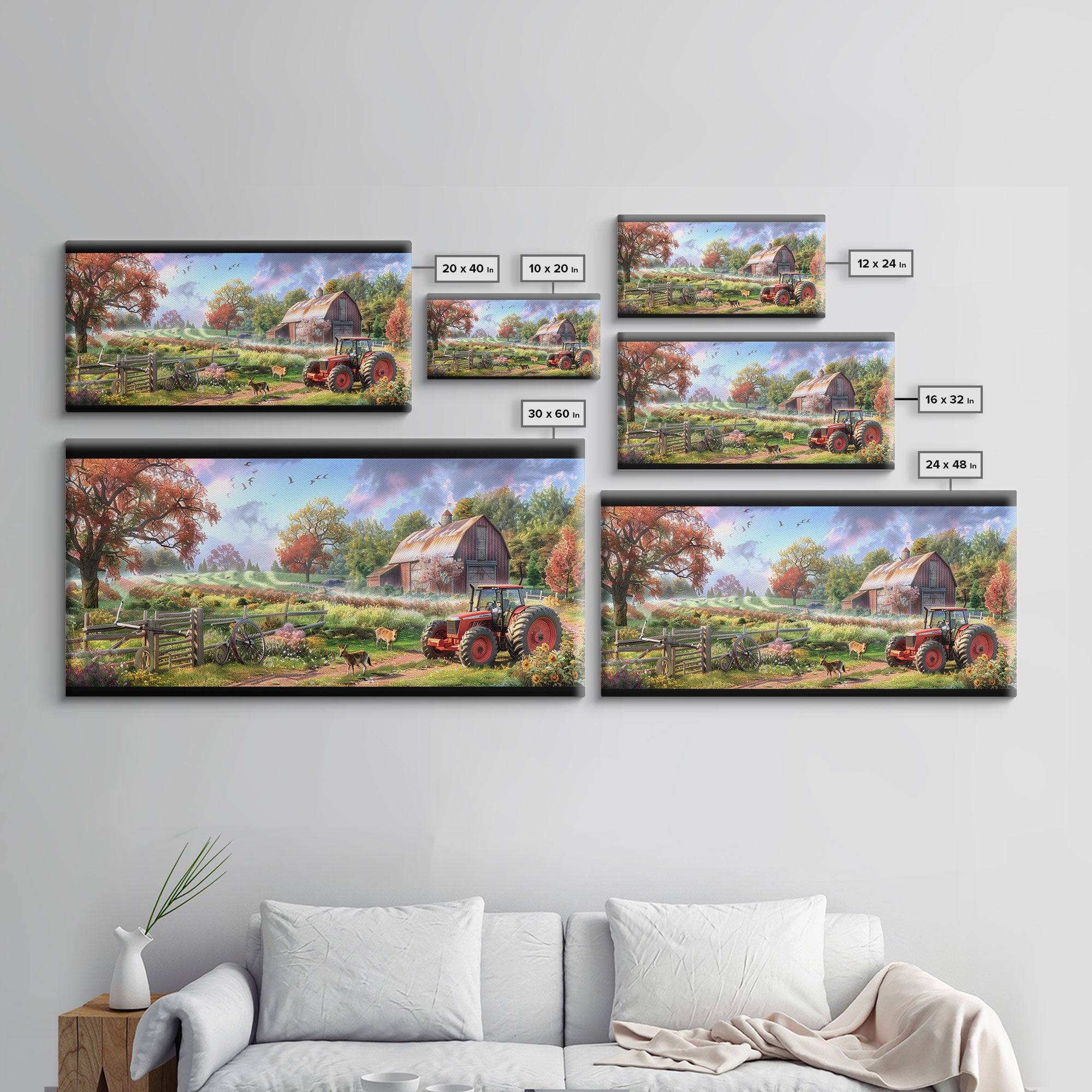 Tranquil Farm Scene with Red Barn and Tractor, Idyllic Rural Art, Framed Canvas Print, Country Wall Decor, Living Room Decoration