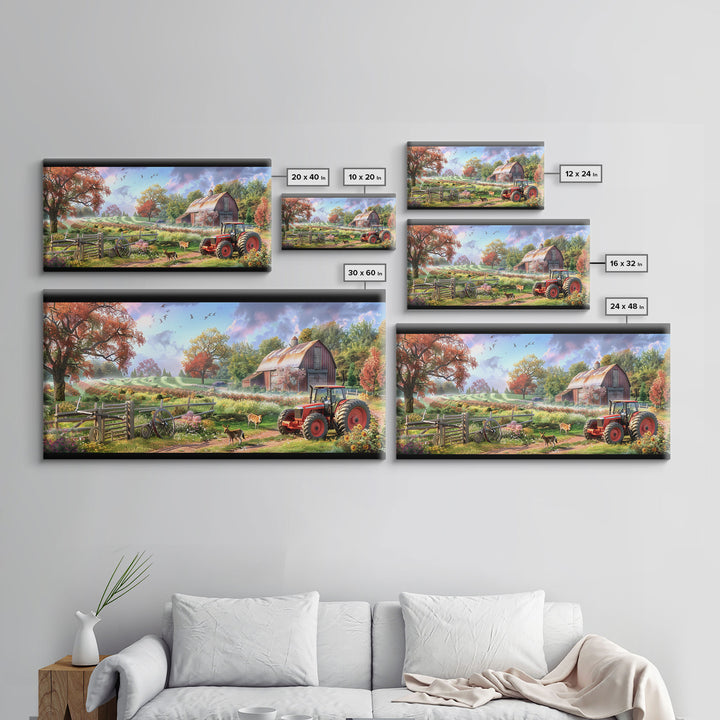 Tranquil Farm Scene with Red Barn and Tractor, Idyllic Rural Art, Framed Canvas Print, Country Wall Decor, Living Room Decoration