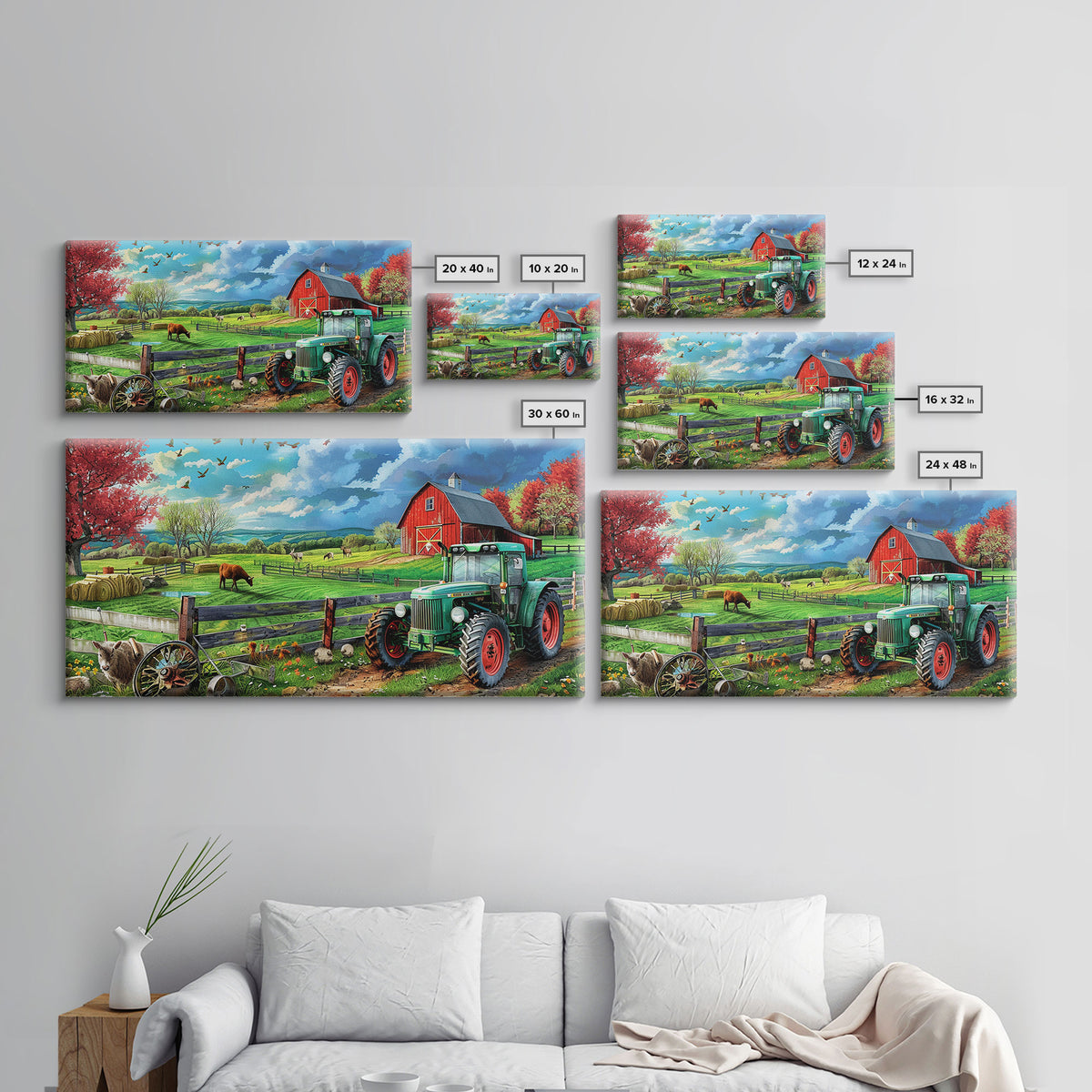 Green Tractor and Red Barn in Lush Fields, Perfect Farmhouse Art, Framed Canvas Print, Rural Wall Decor, Living Room Decoration