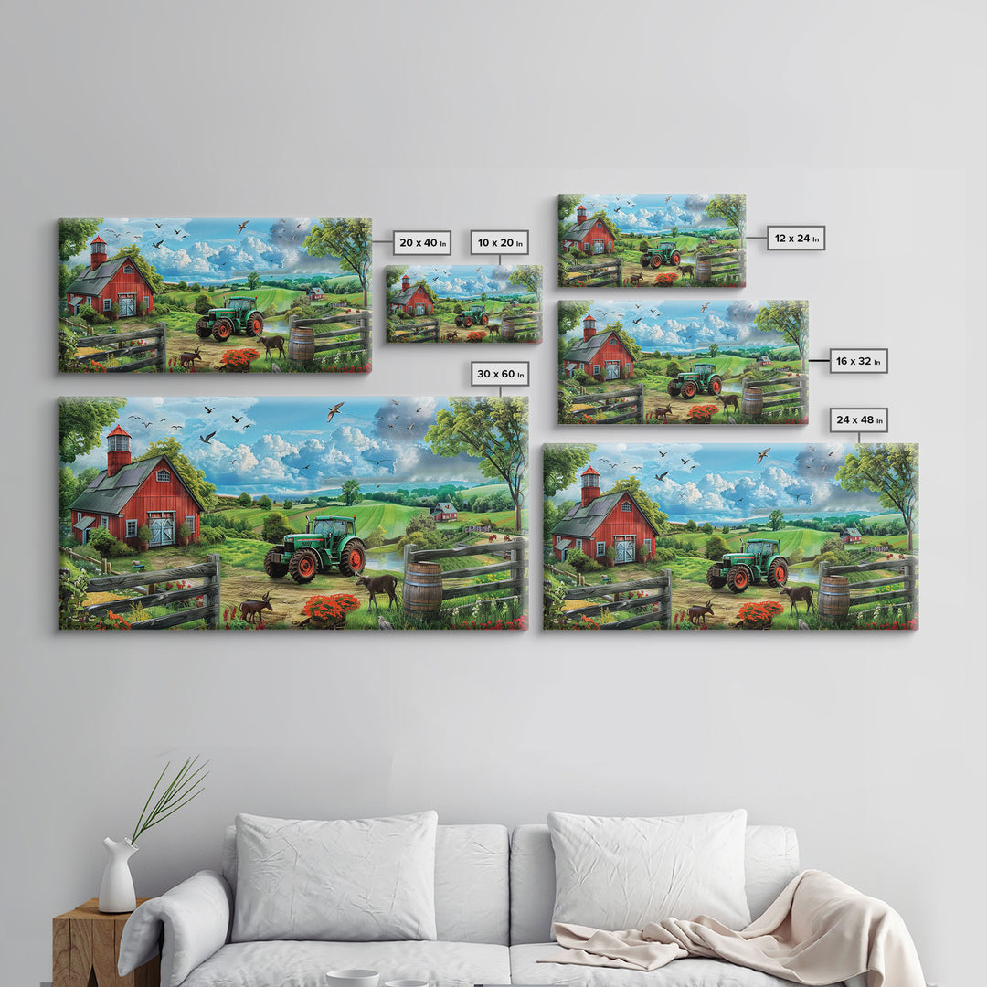 Green Tractor Near Red Barn in Countryside, Charming Farm Art, Framed Canvas Print, Country Living Room Decor, Wall Art