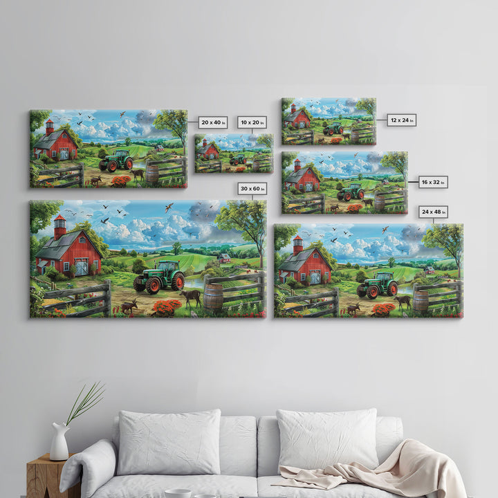 Green Tractor Near Red Barn in Countryside, Charming Farm Art, Framed Canvas Print, Country Living Room Decor, Wall Art