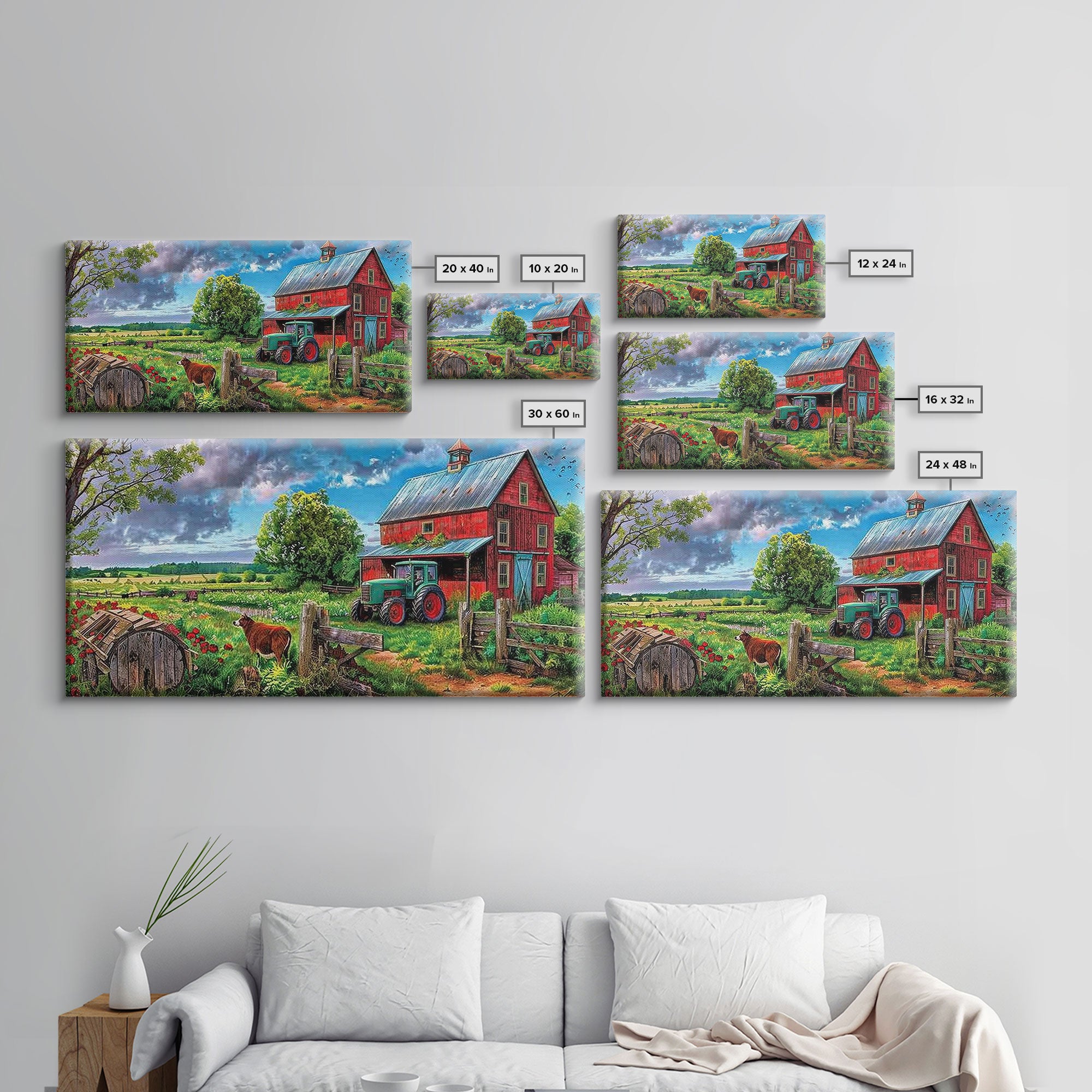 Rustic Barn with Green Tractor in Field, Stunning Country Art, Framed Canvas Print, Farmhouse Wall Decor, Living Room Decoration