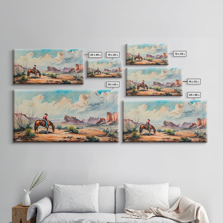 Cowboy Gazing Over Expansive Desert, Boho Western Landscape Art, Framed Canvas Print, Living Room Wall Decor, Rustic Country Style