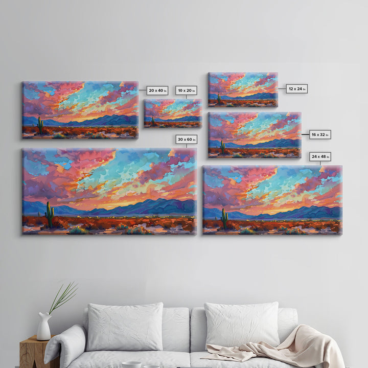 Road Through Desert at Sunset, Colorful Southwestern Art, Framed Canvas Print, Boho Wall Decor, Rustic Living Room Art, Desert Scene