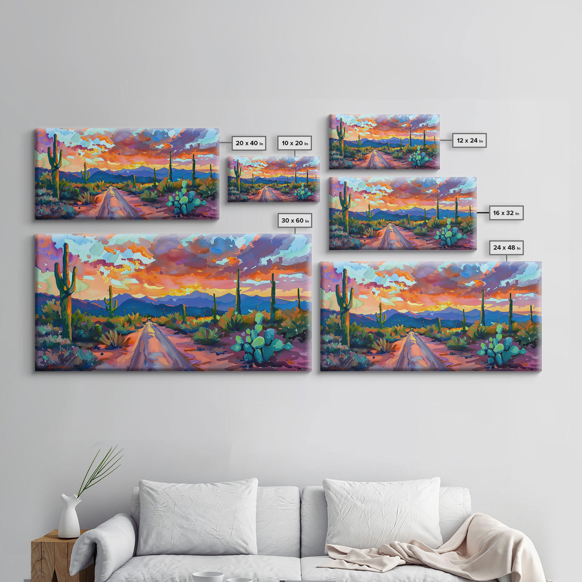 Cacti and Mountains Under Sunset Sky, Vibrant Southwestern Landscape Art, Framed Canvas Print, Boho Living Room Decor, Desert Scene