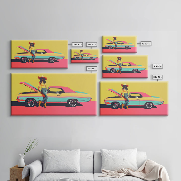 Colorful Pop Art Cowgirl with Classic Car, Framed Canvas Print for Living Room, Bright Bedroom Wall Art, Unique Home Decor