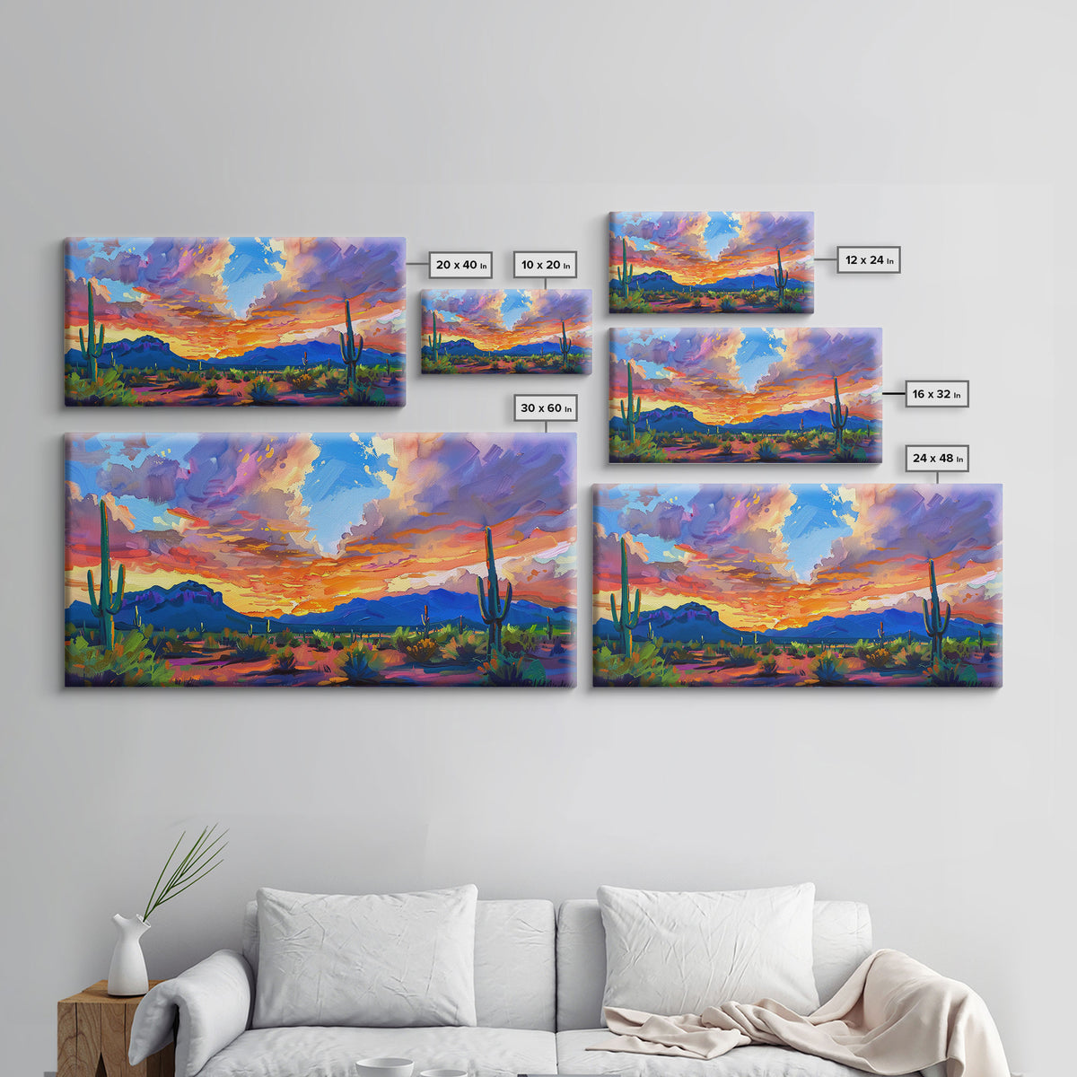 Stunning Desert Sunset with Cacti Silhouettes, Framed Canvas Print for Bedroom Art, Great for Boho and Southwestern Decor