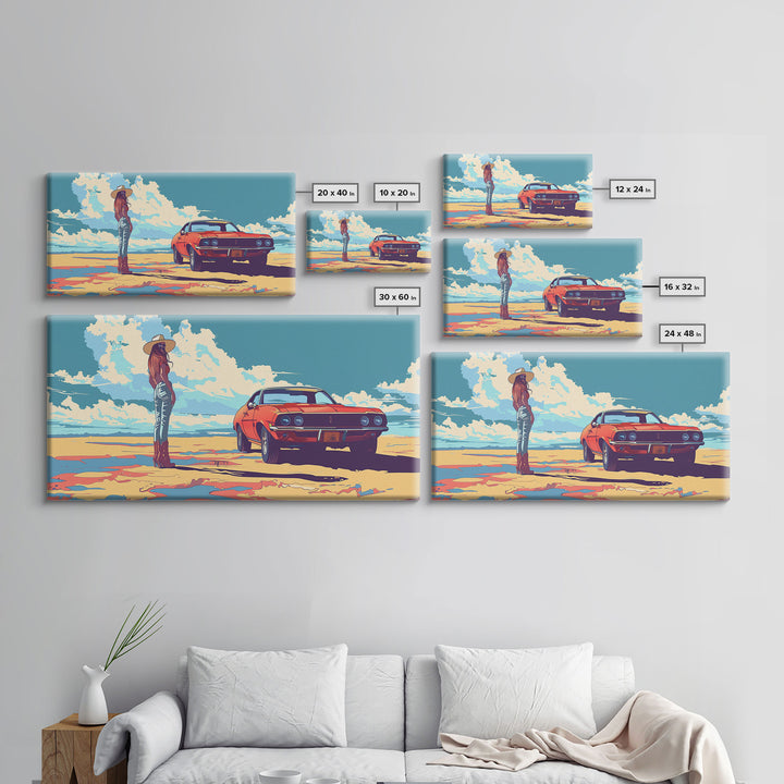Stylized Cowgirl with Red Car in Vast Desert, Framed Canvas Print for Bedroom, Ideal Living Room Art, Retro Wall Decor