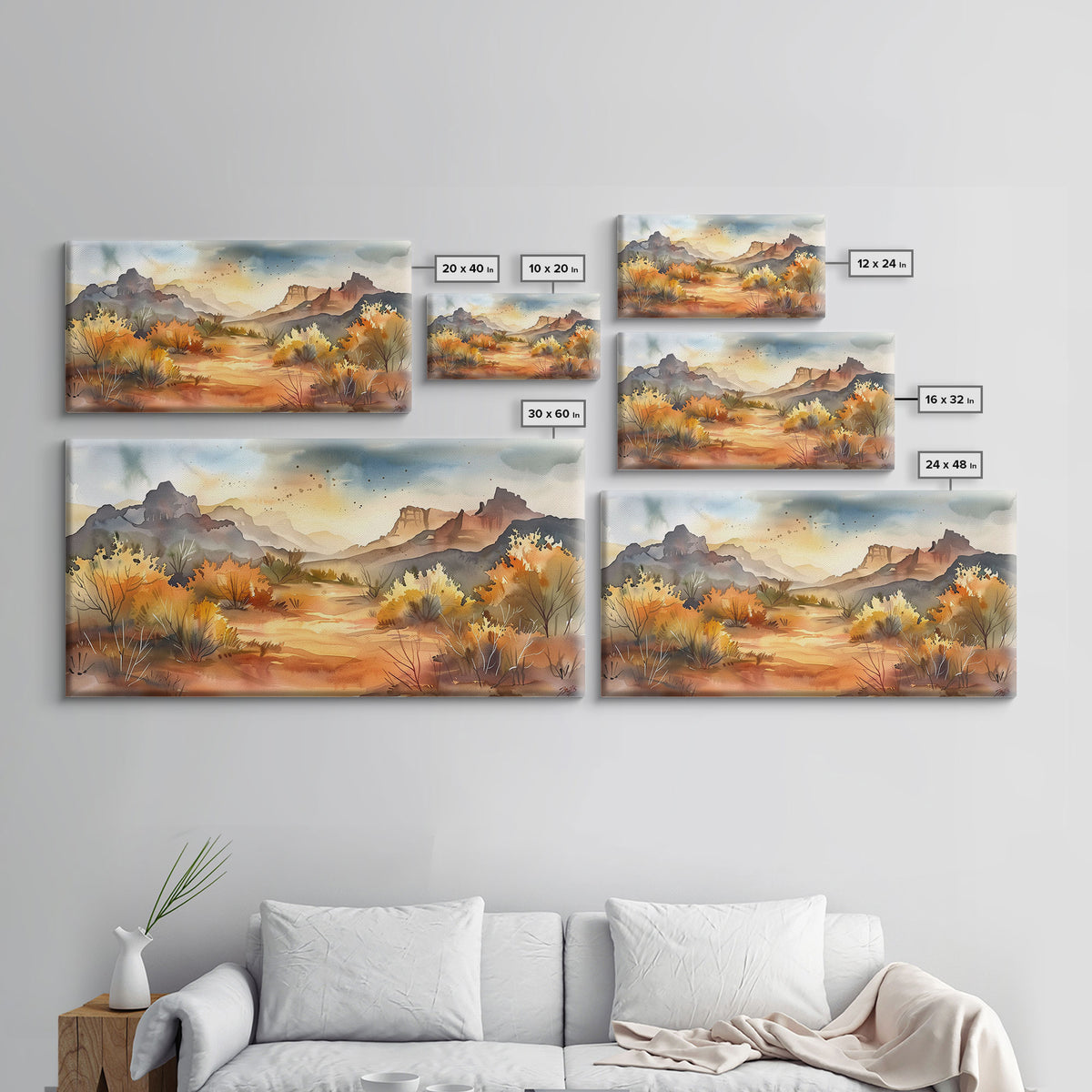 Serene Desert Landscape with Mountains and Sunlit Sky, Perfect Framed Canvas Print for Living Room, Boho Wall Art, Nature Decor