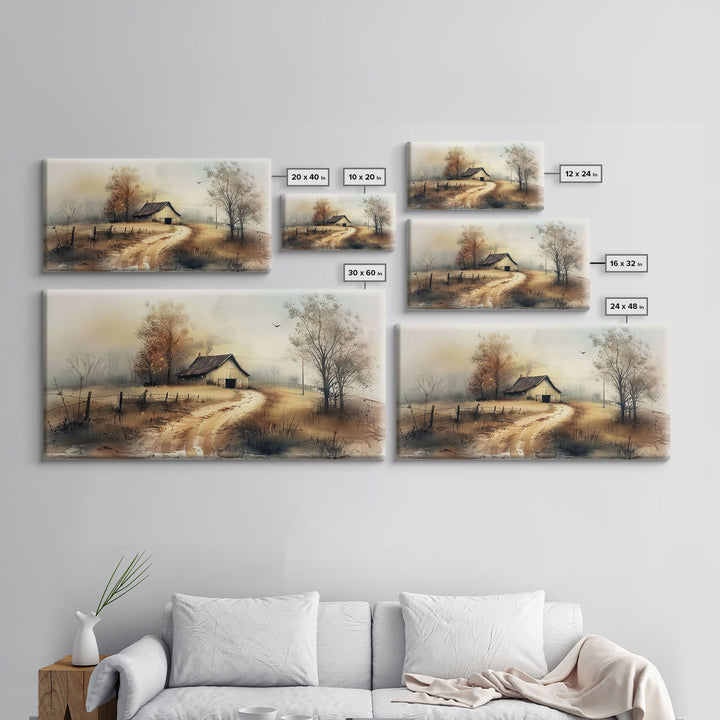 Misty Morning Farmhouse with Winding Path, Beautiful Framed Canvas Print for Bedroom, Boho Wall Art, Countryside Decor